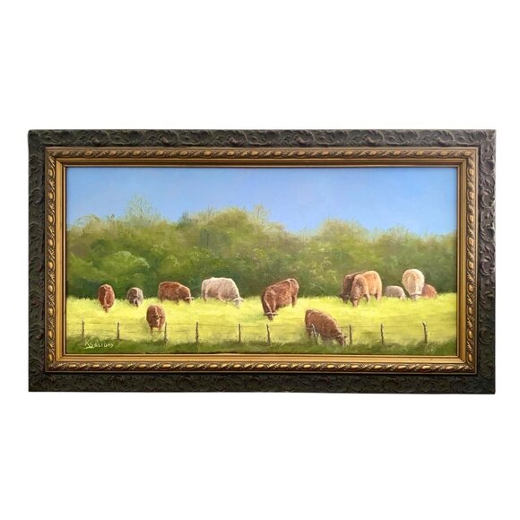 Other - Cow Painting Original Oil on Canvas Signed Framed Vintage Landscape Decor Art
